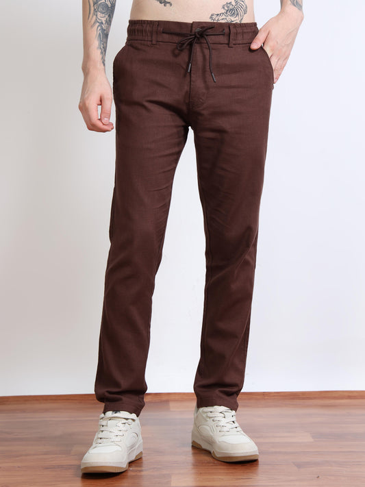 Men’s Brown Drawstring Linen Trousers Black Thread
