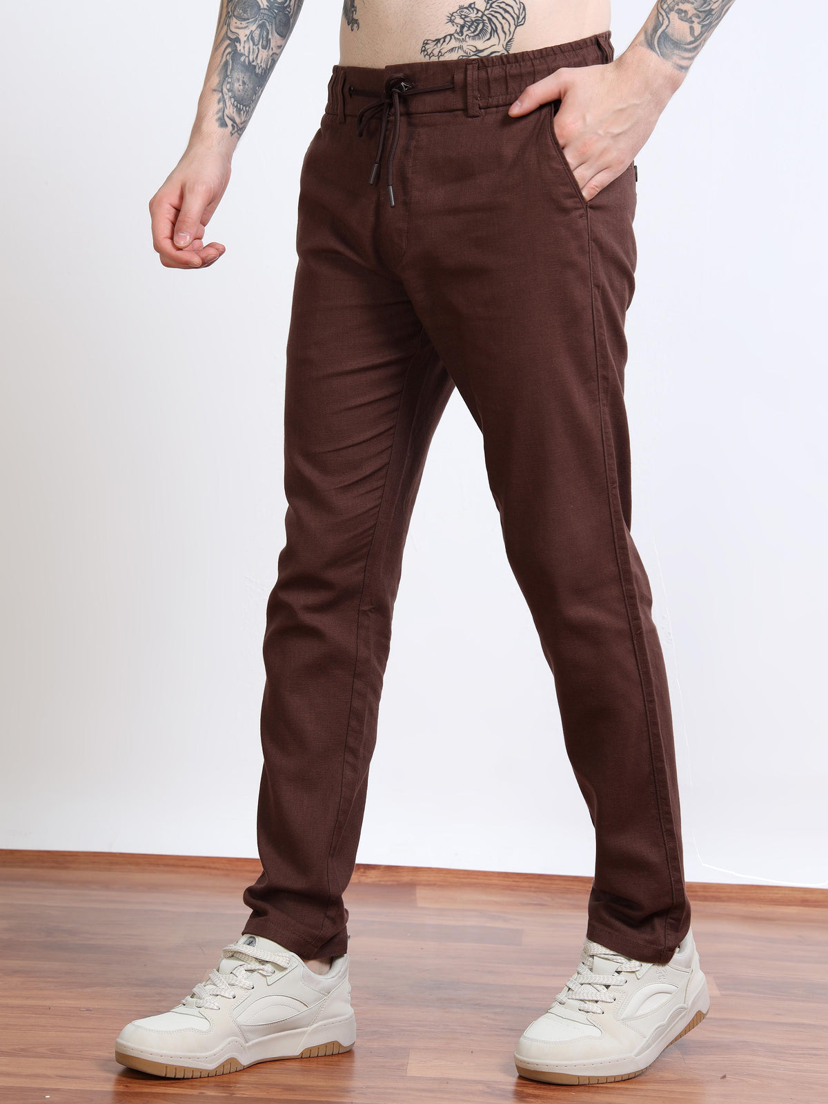 Men’s Brown Drawstring Linen Trousers Black Thread