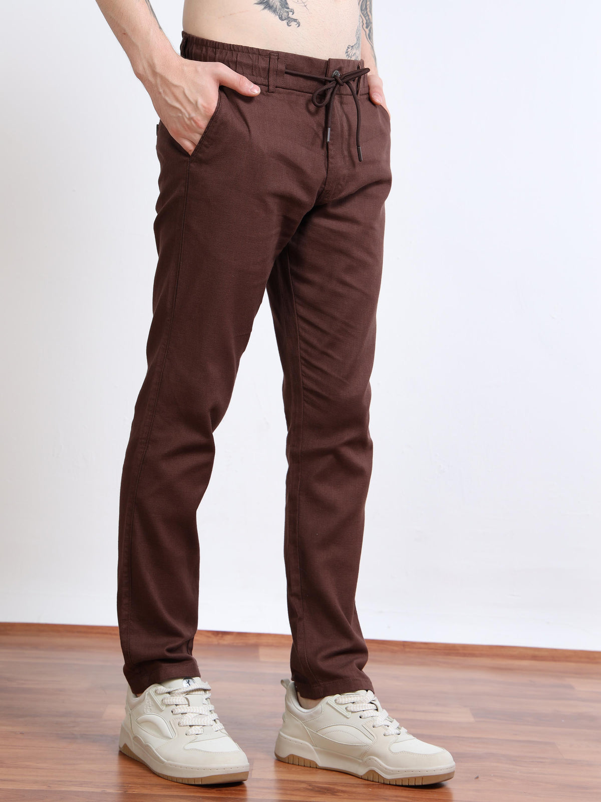 Men’s Brown Drawstring Linen Trousers Black Thread