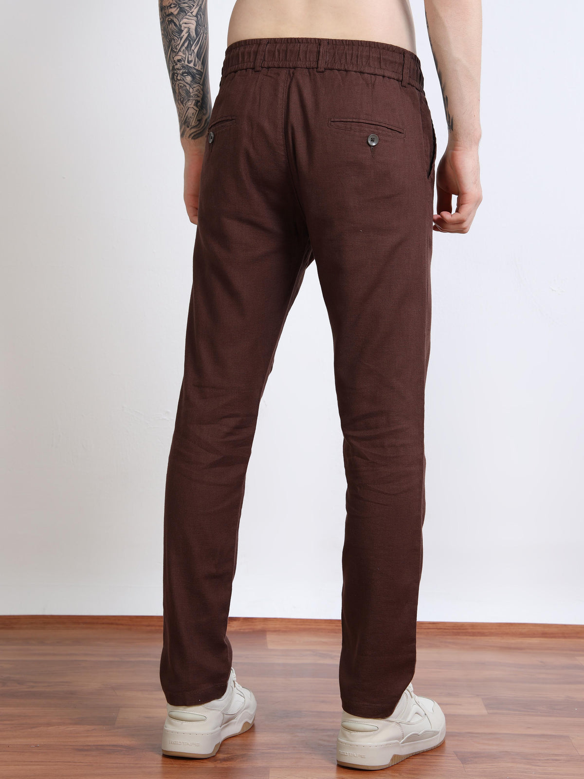 Men’s Brown Drawstring Linen Trousers Black Thread