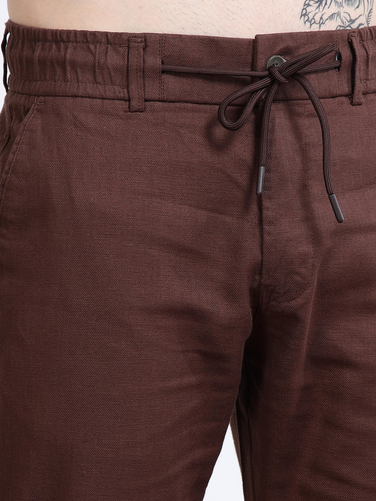 Men’s Brown Drawstring Linen Trousers Black Thread