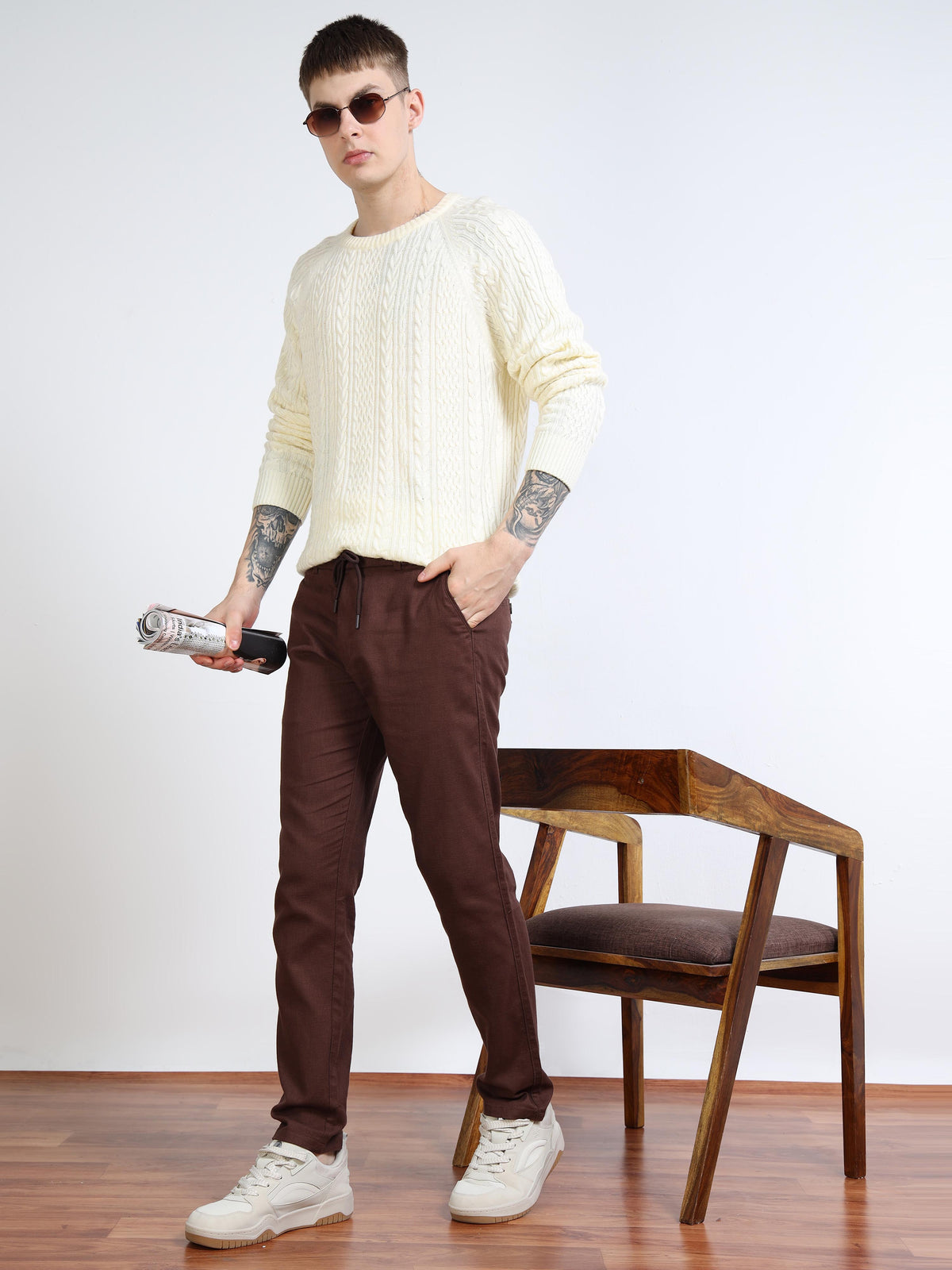 Men’s Brown Drawstring Linen Trousers Black Thread
