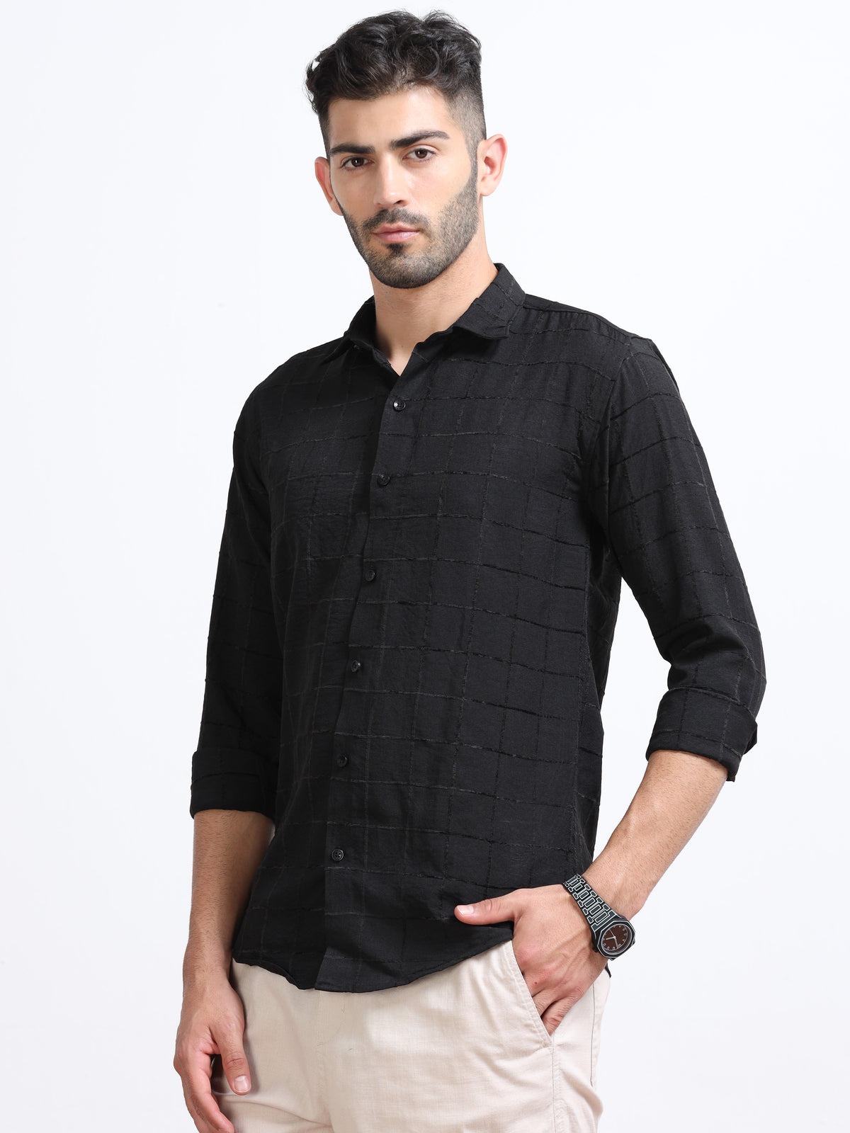 Black Men's Cotton Checks Design Casual Shirt - Premium Comfort Fit