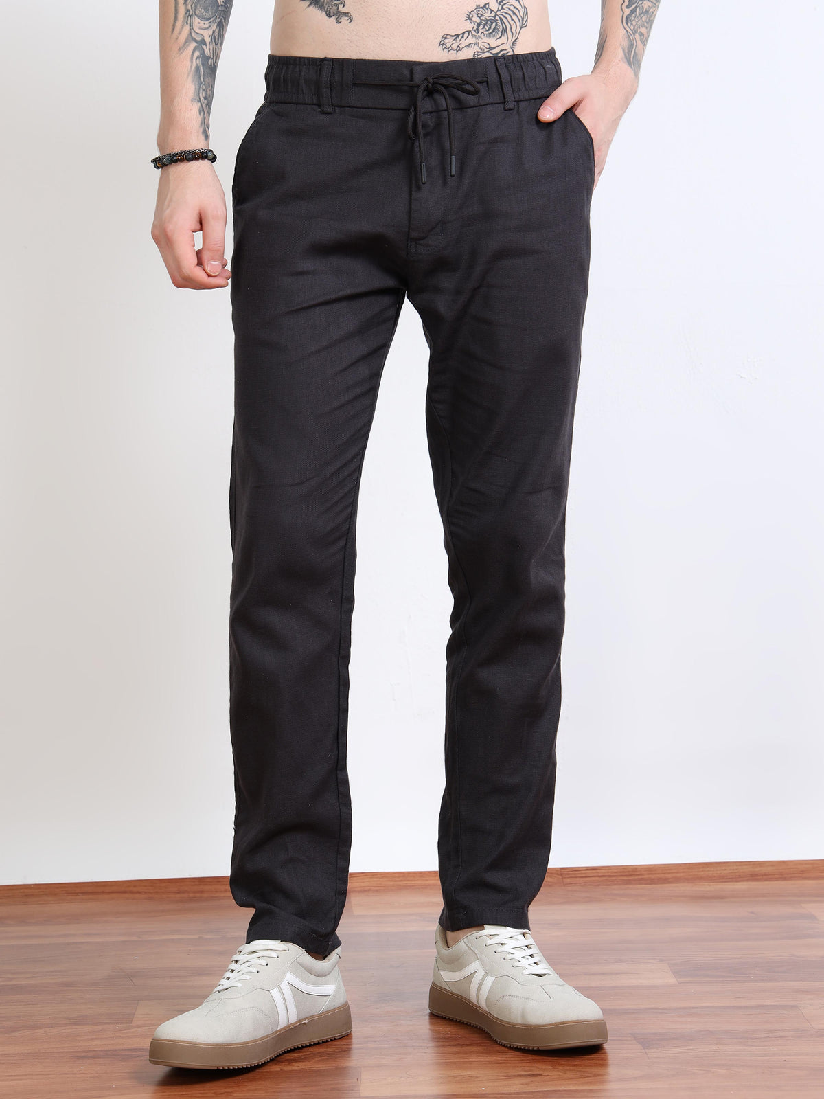 Men’s Black Drawstring Linen Trousers – Black Thread
