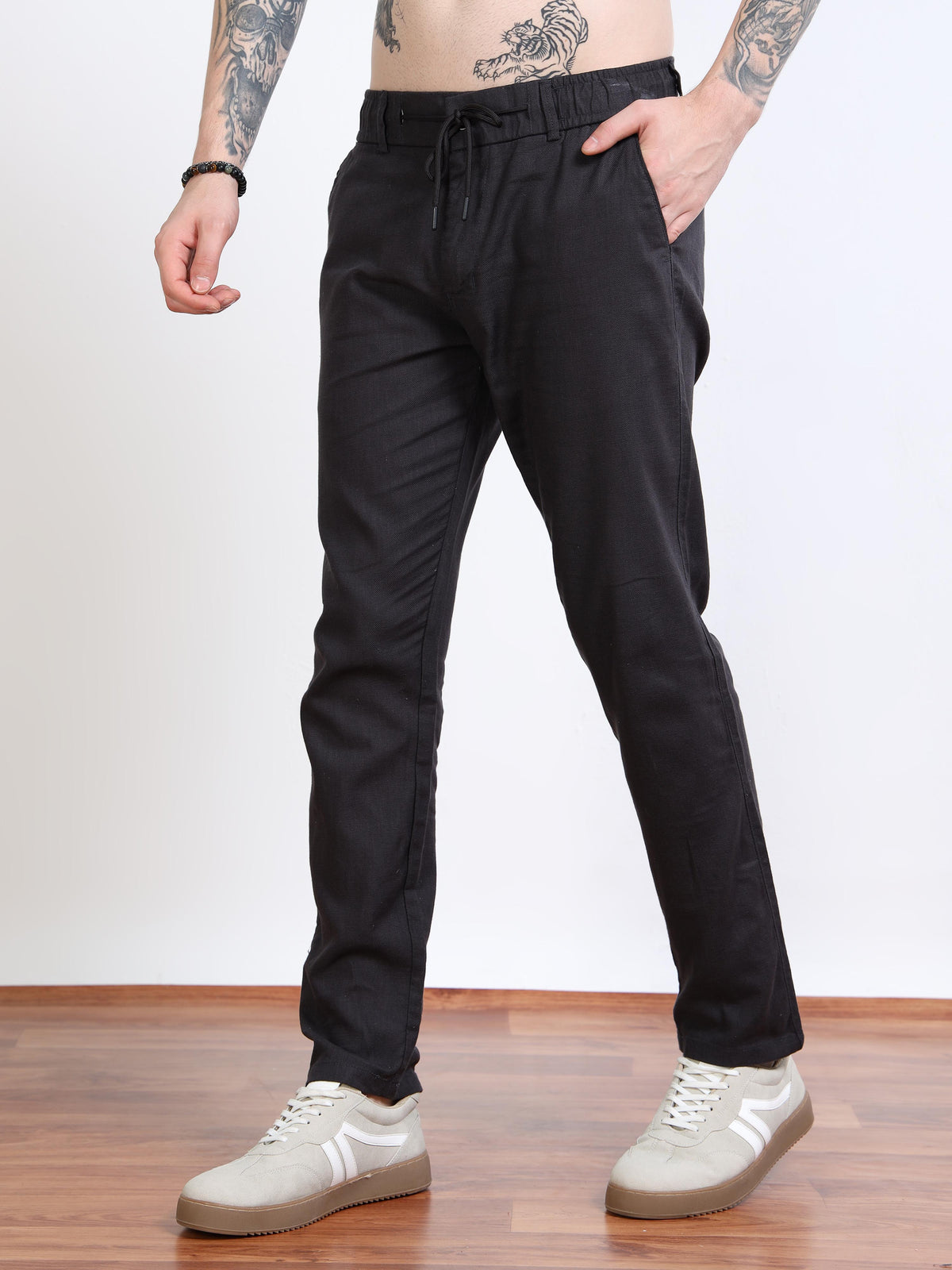 Men’s Black Drawstring Linen Trousers – Black Thread
