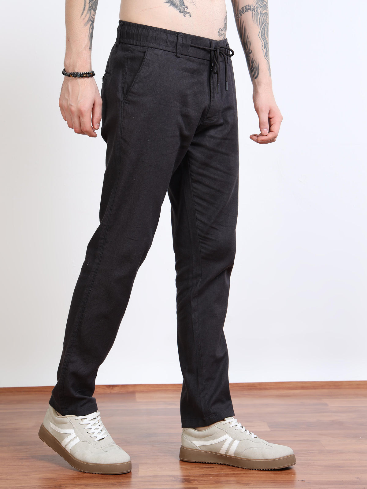 Men’s Black Drawstring Linen Trousers – Black Thread
