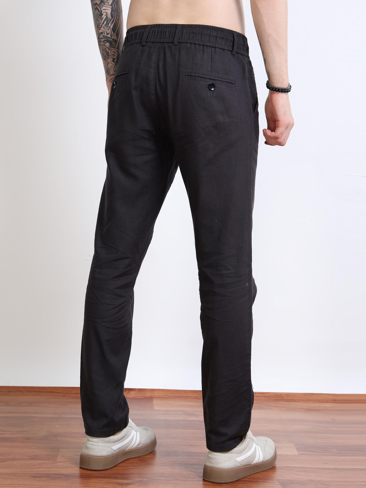 Men’s Black Drawstring Linen Trousers – Black Thread