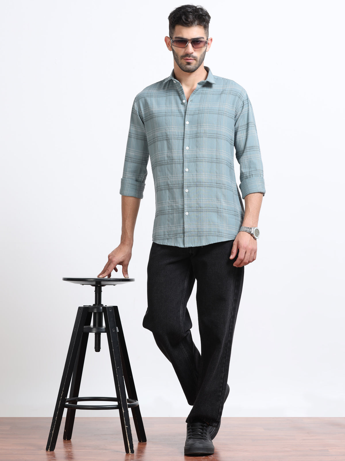 Light Blue Teal  Men's Cotton Embroidered Checked Casual Shirt - Premium Comfort Fit