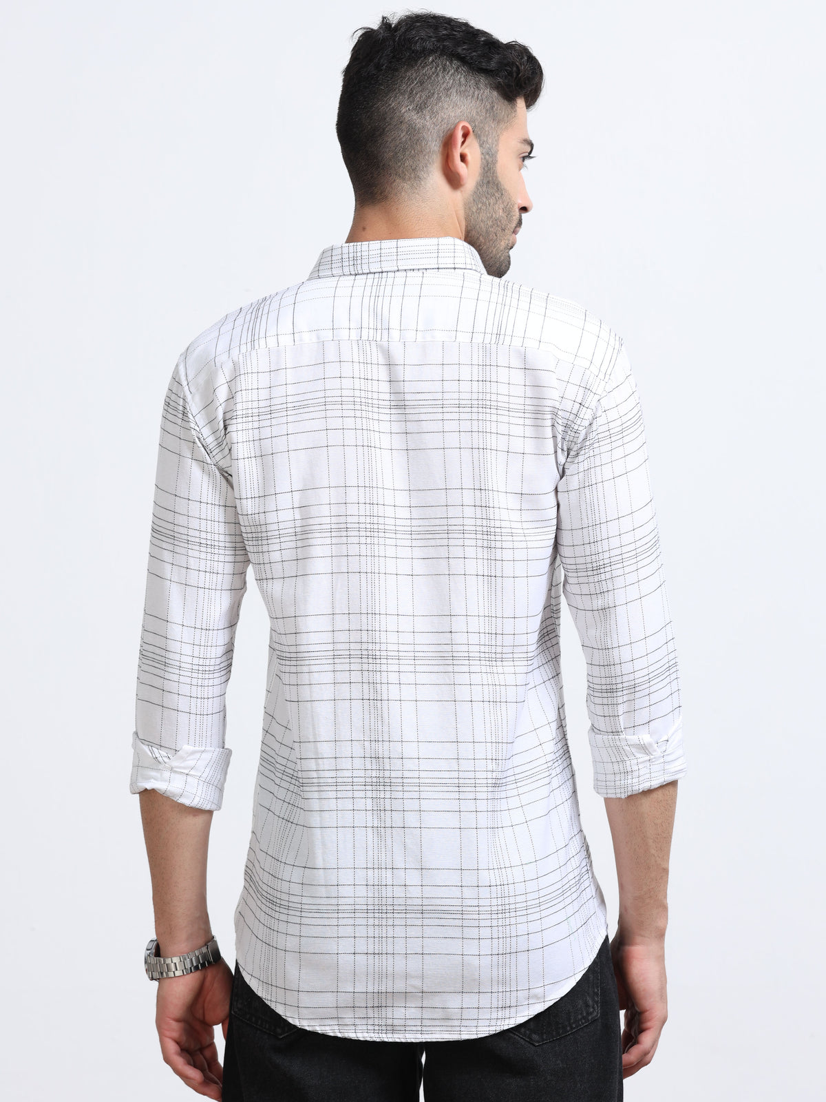 White Men's Cotton Embroidered Checked Casual Shirt - Premium Comfort Fit