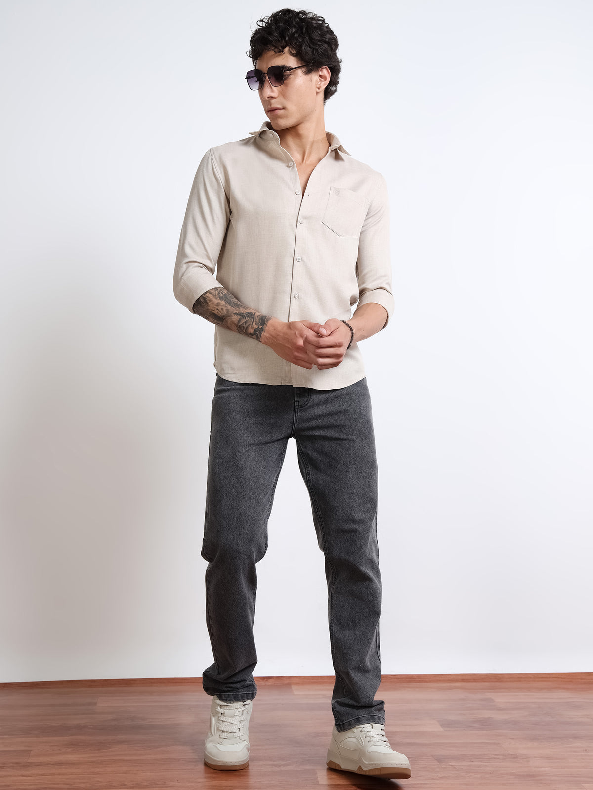 Men’s Beige Pure Linen Shirt by Black Thread