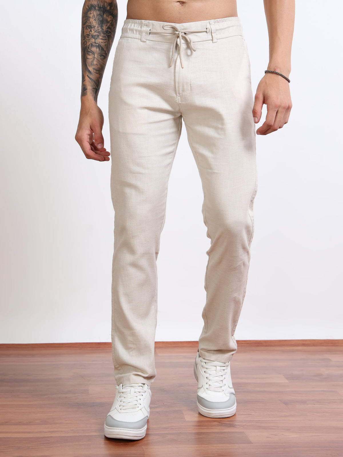 Men’s Sandal Drawstring Linen Trousers Black Thread