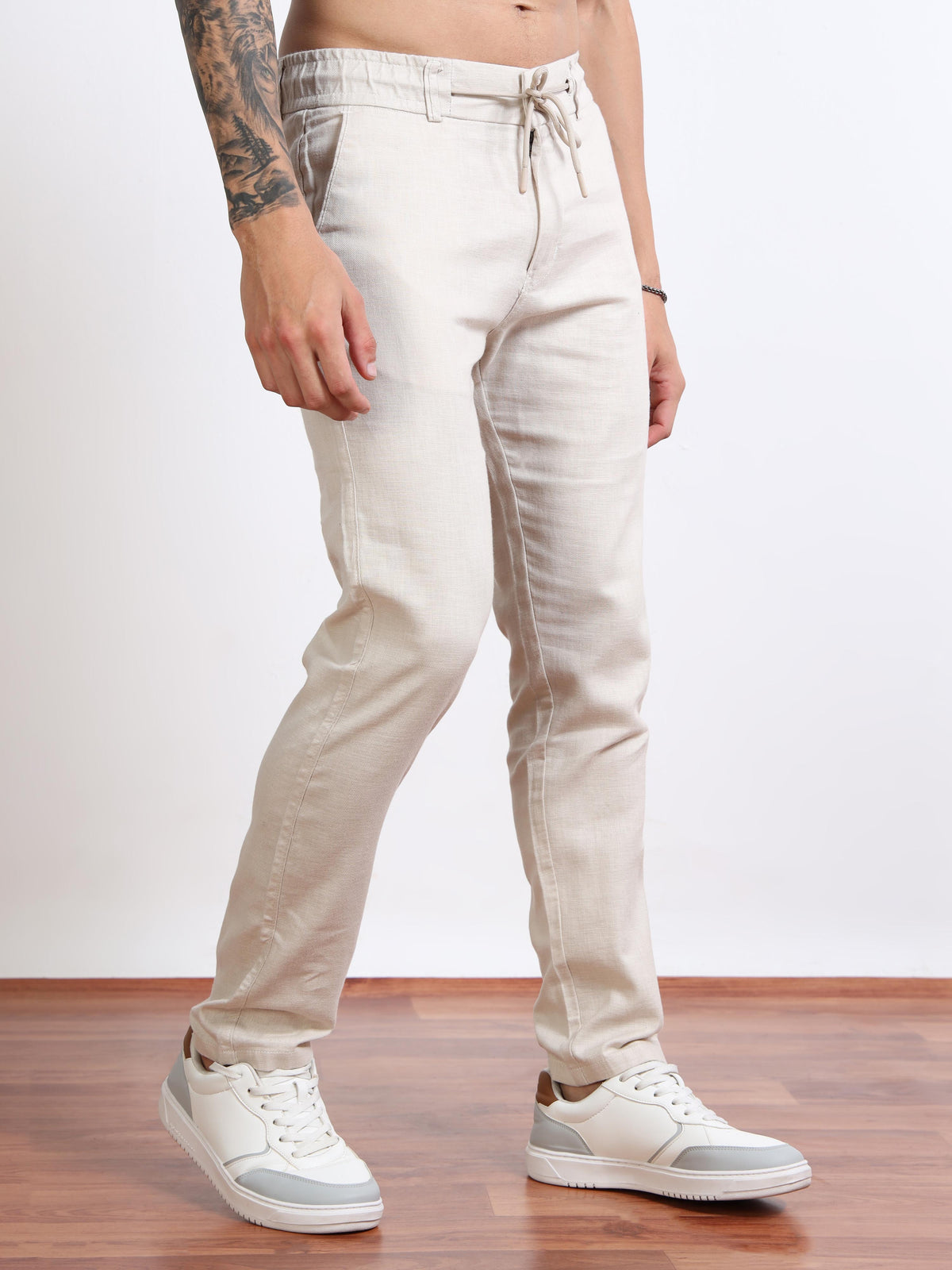 Men’s Sandal Drawstring Linen Trousers Black Thread
