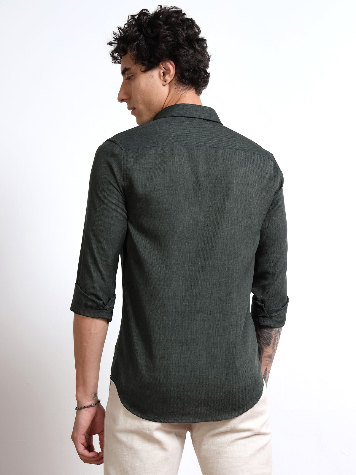 Men’s Dark Green Pure Linen Shirt by Black Thread