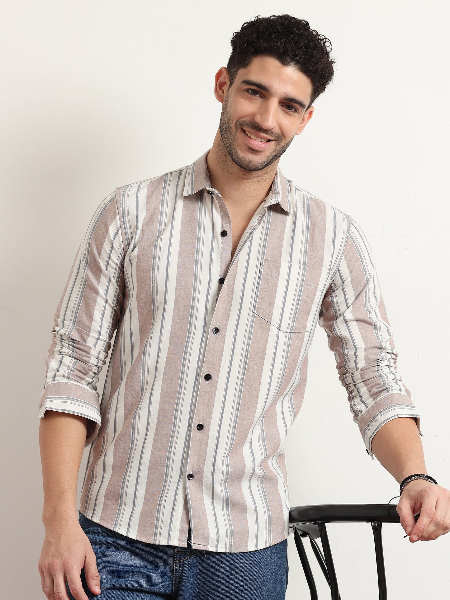 Light Brown Striped Shirt For Men