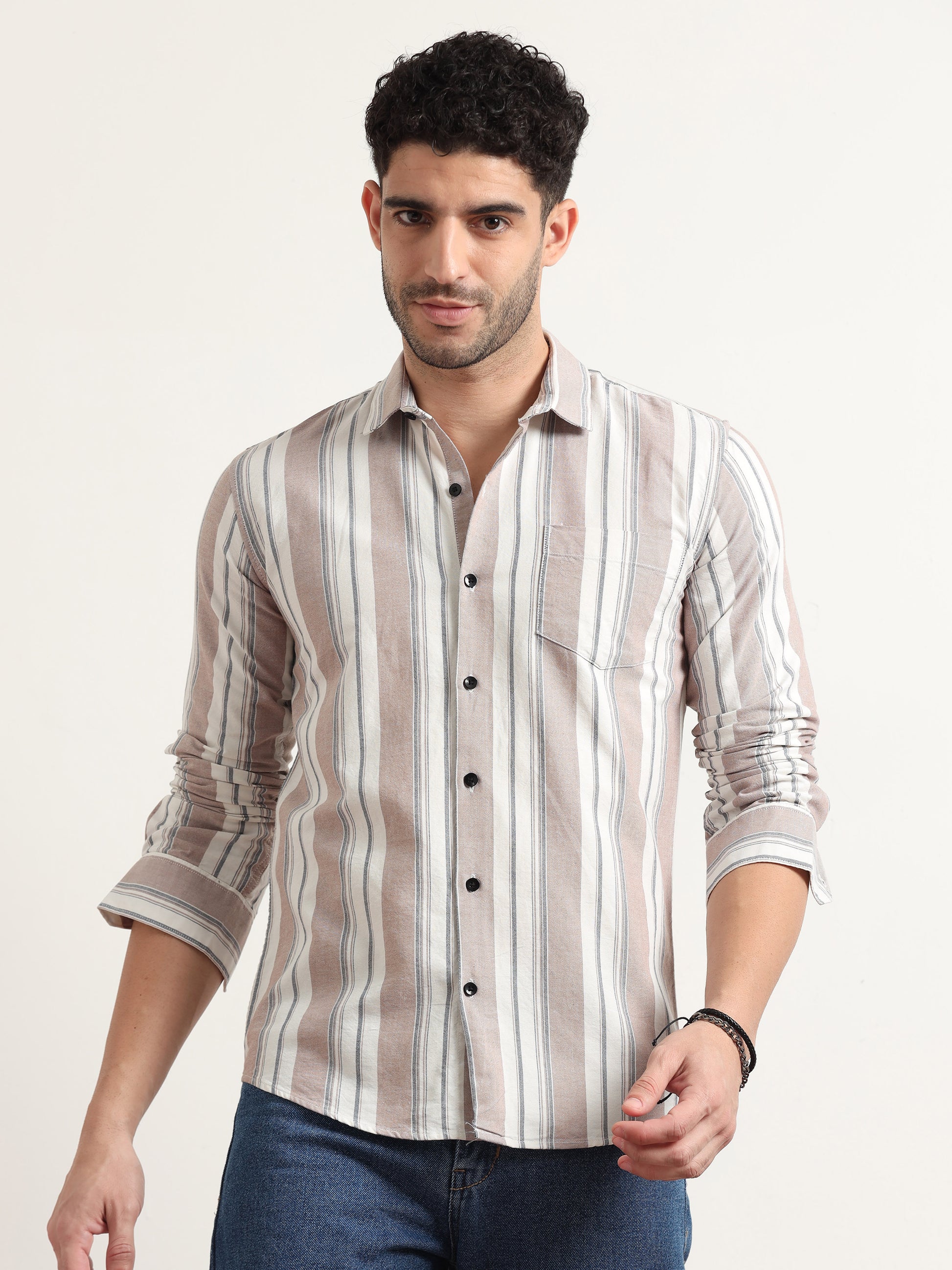 Light Brown Striped Shirt For Men