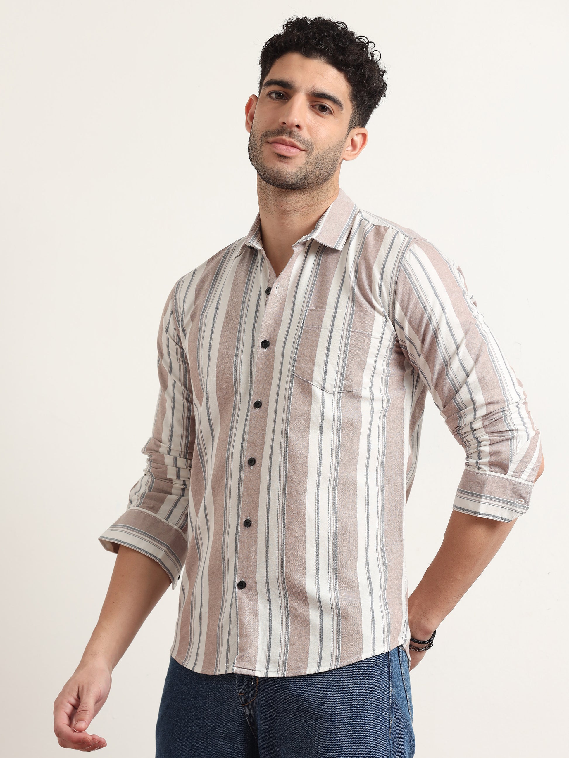 Light Brown Striped Shirt For Men