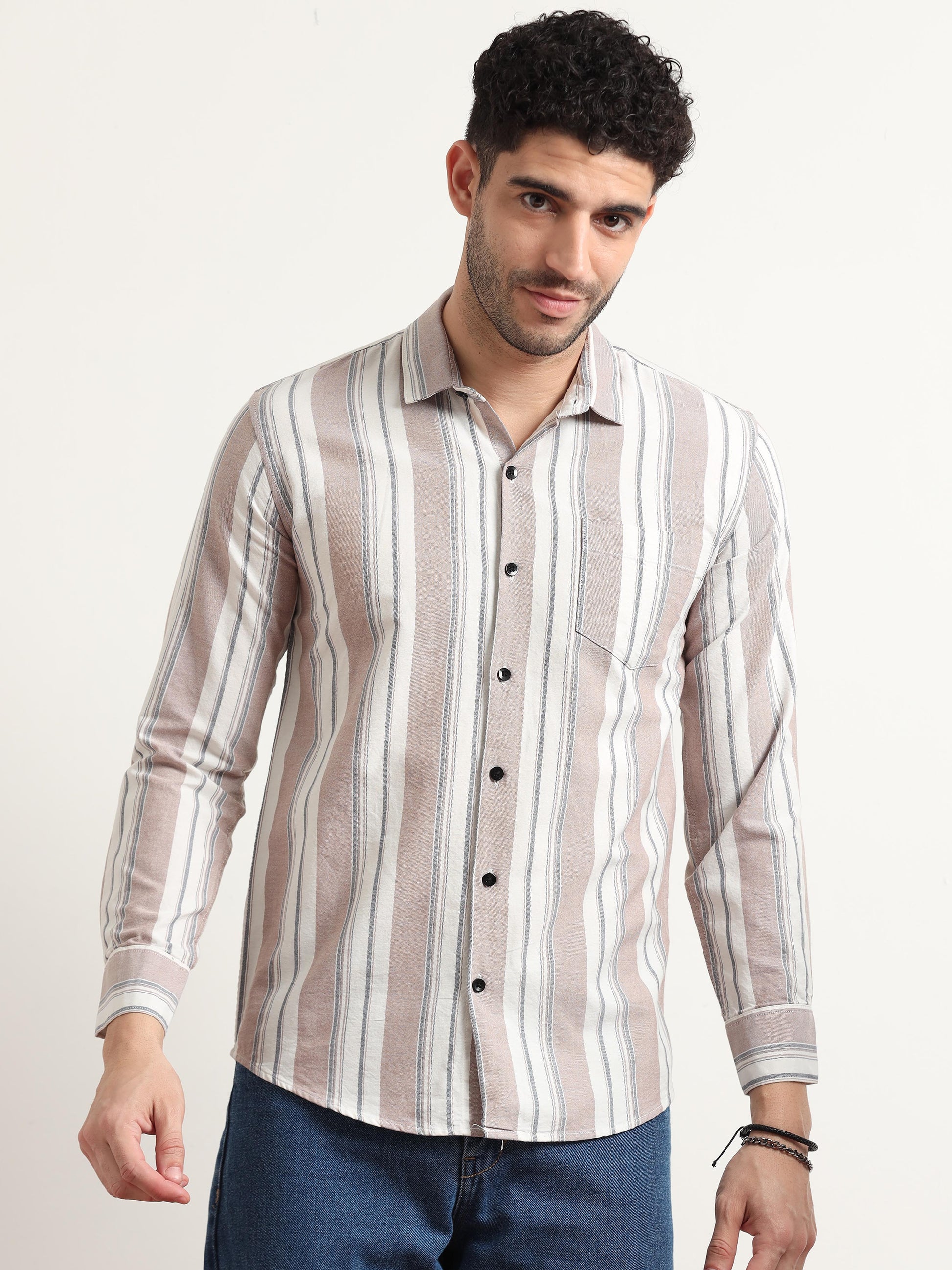 Light Brown Striped Shirt For Men