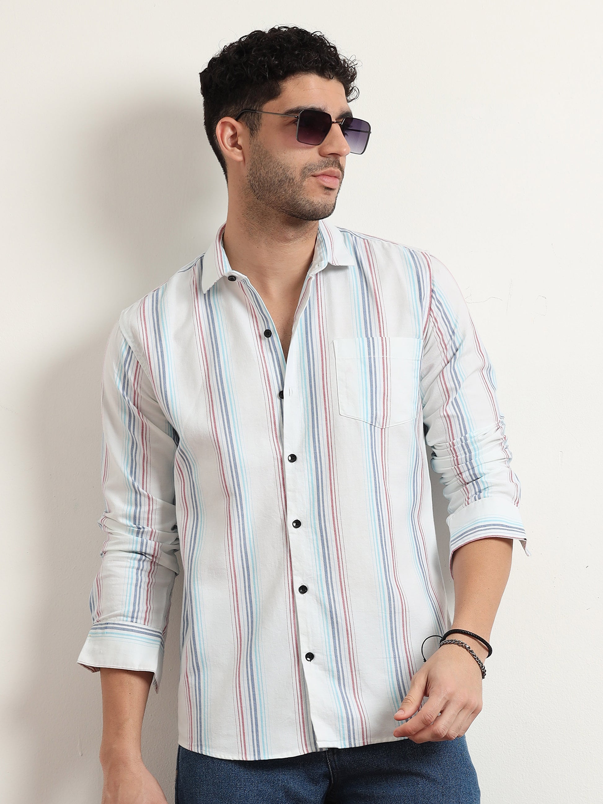 Pink And Blue Striped Shirt For Men 