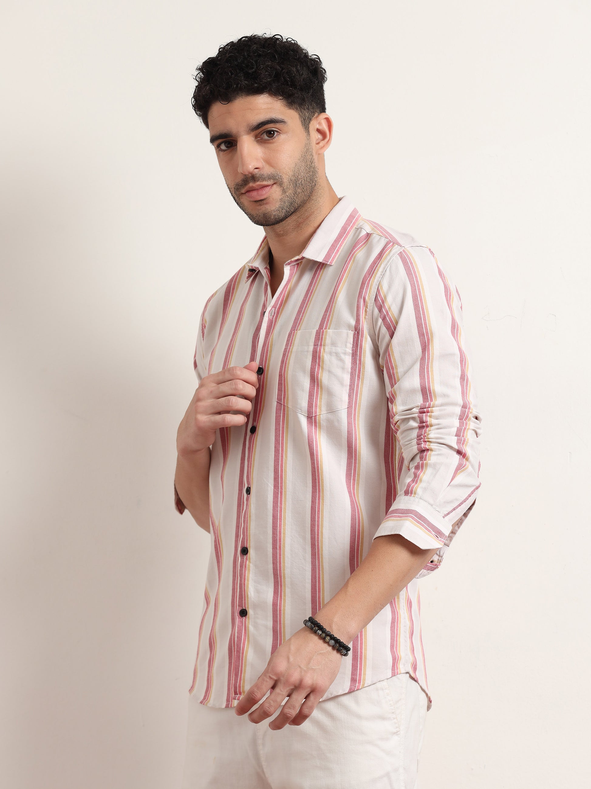  White Shirt With Pink Stripes For Men 