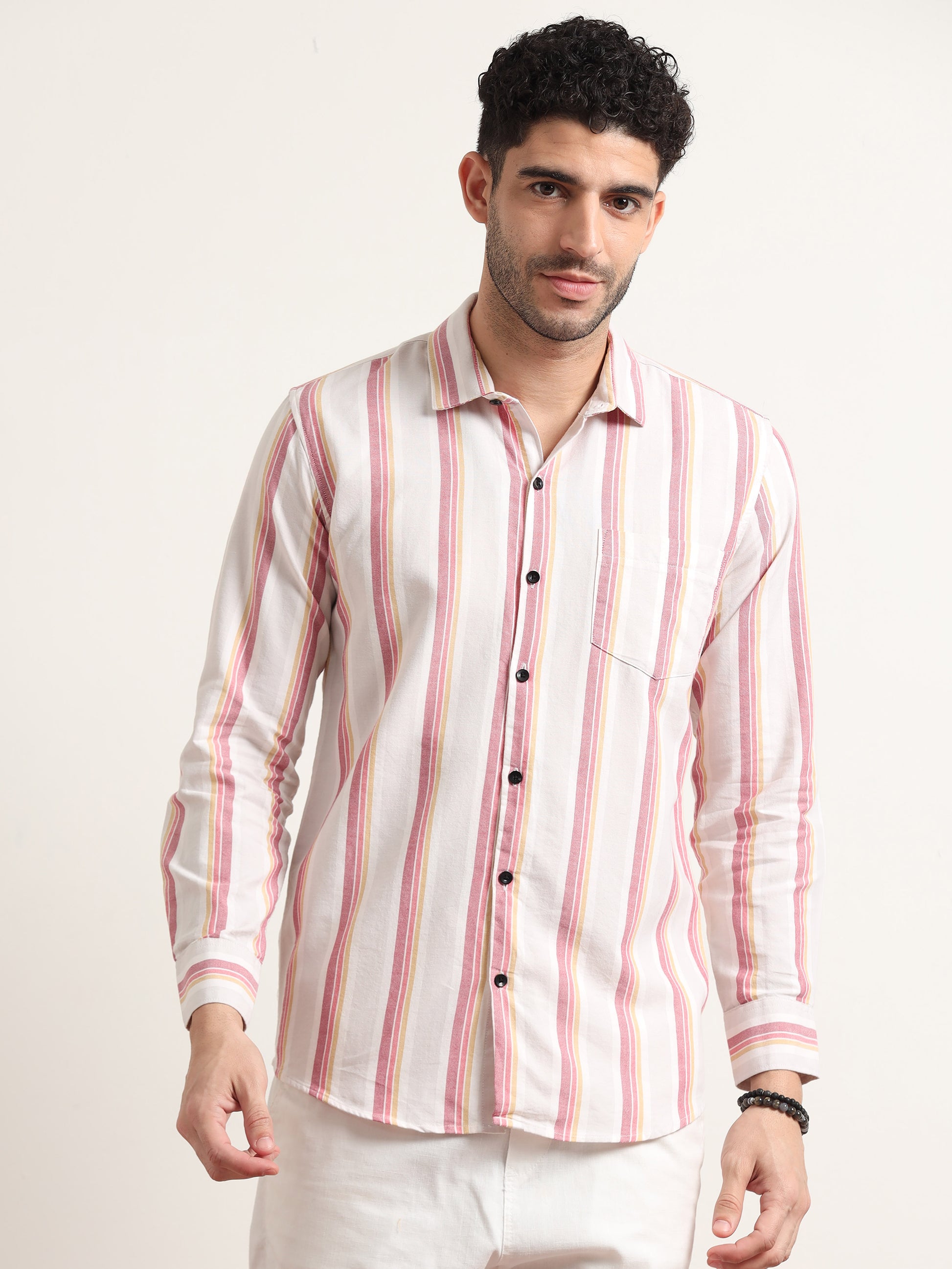  White Shirt With Pink Stripes For Men 