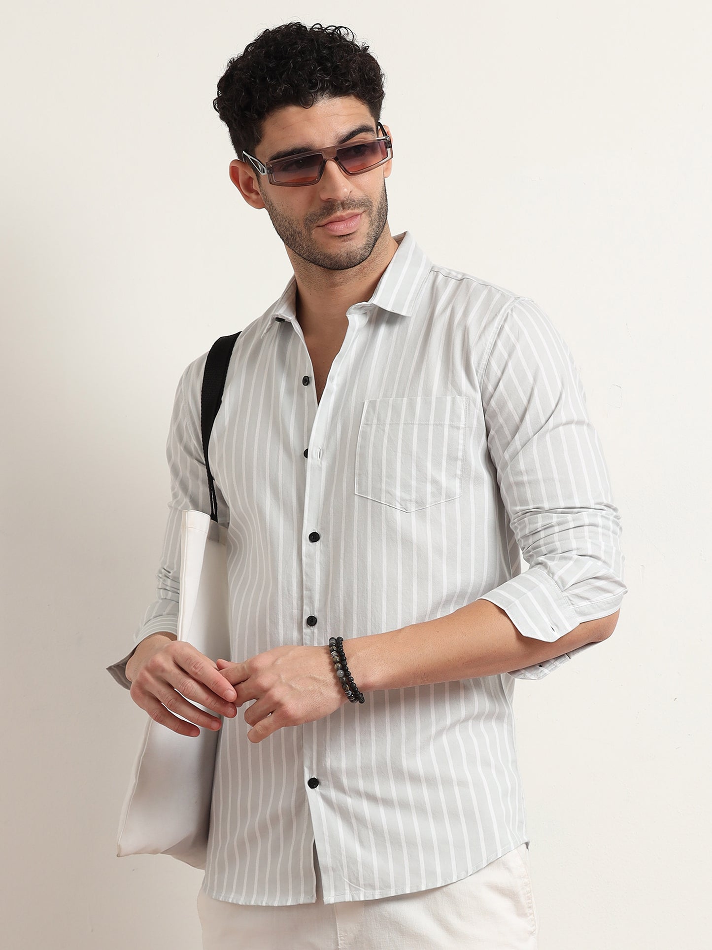 Light Grey Striped Shirt For Men