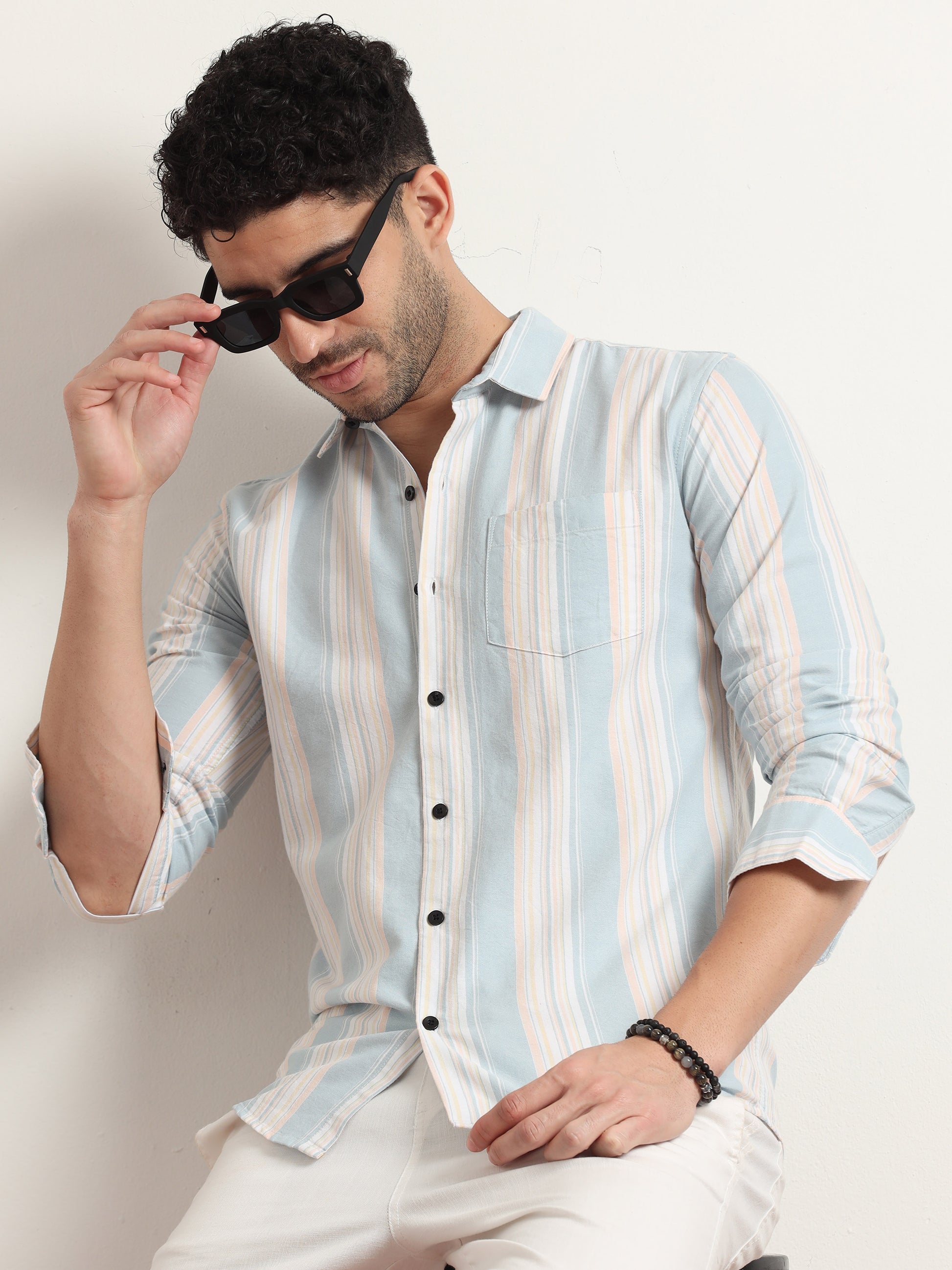 Sky Blue Striped Cotton Shirt For Men