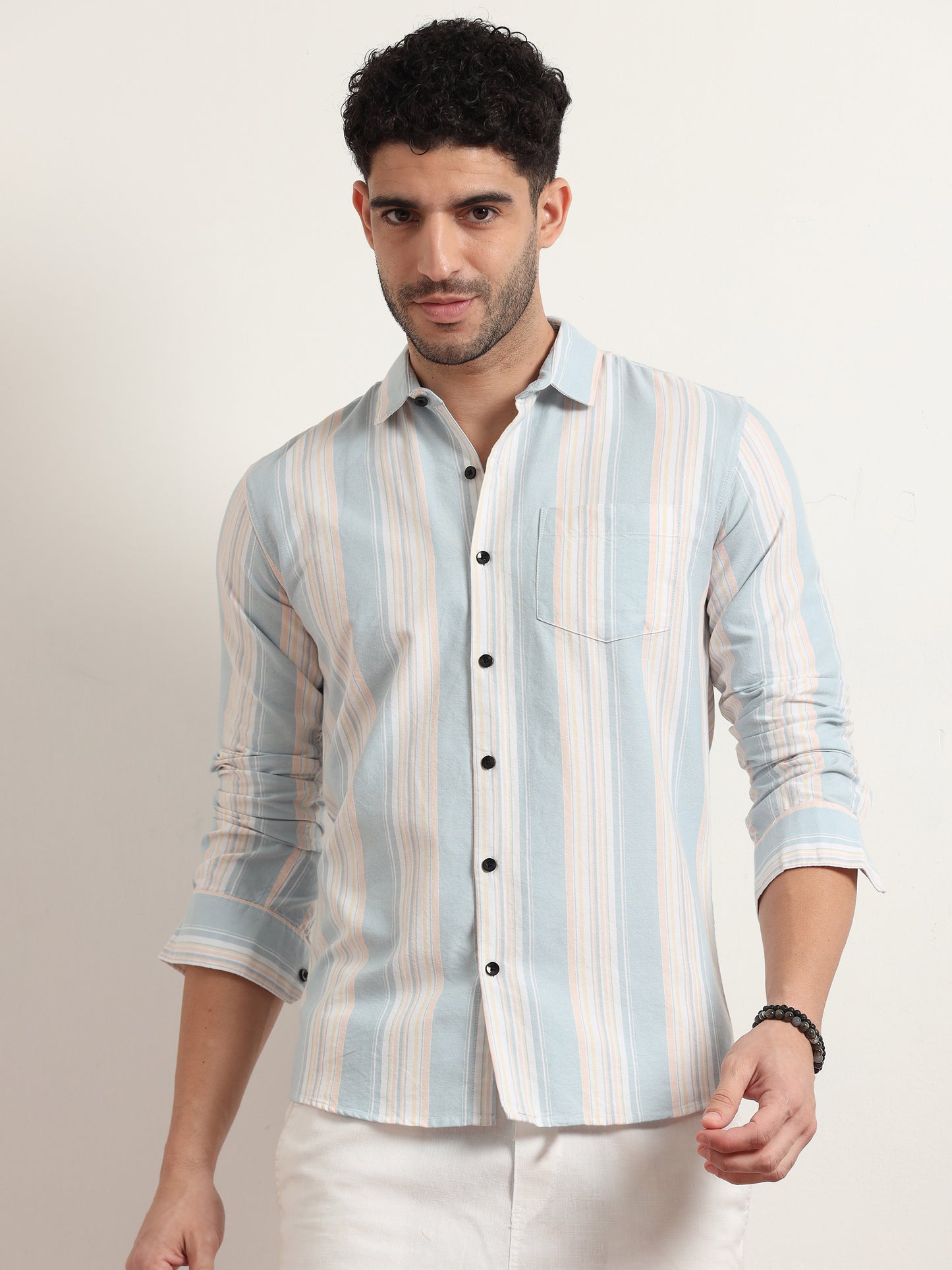 Sky Blue Striped Cotton Shirt For Men