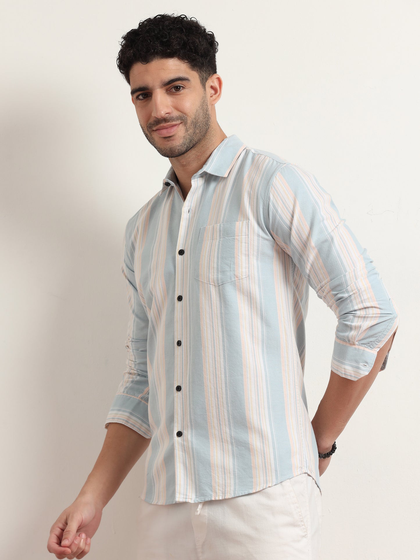 Sky Blue Striped Cotton Shirt For Men