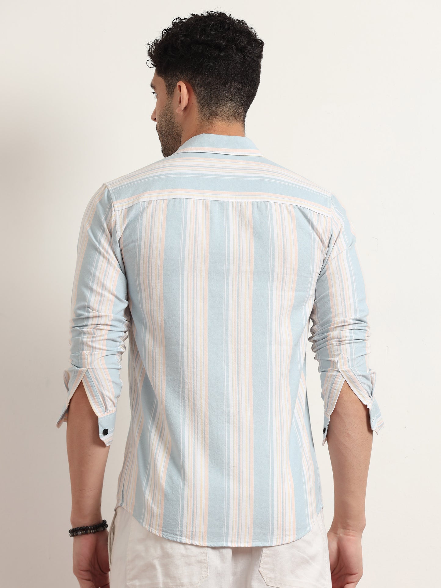 Sky Blue Striped Cotton Shirt For Men