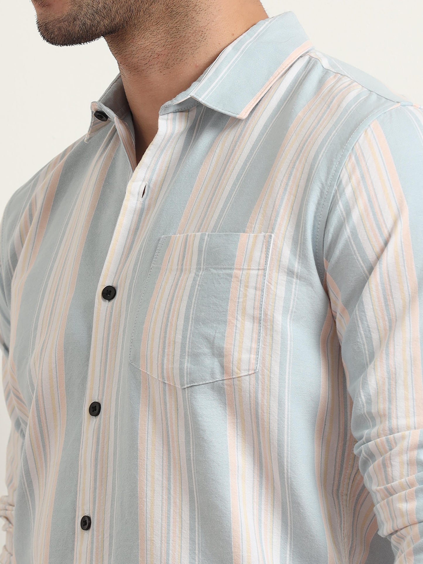 Sky Blue Striped Cotton Shirt For Men