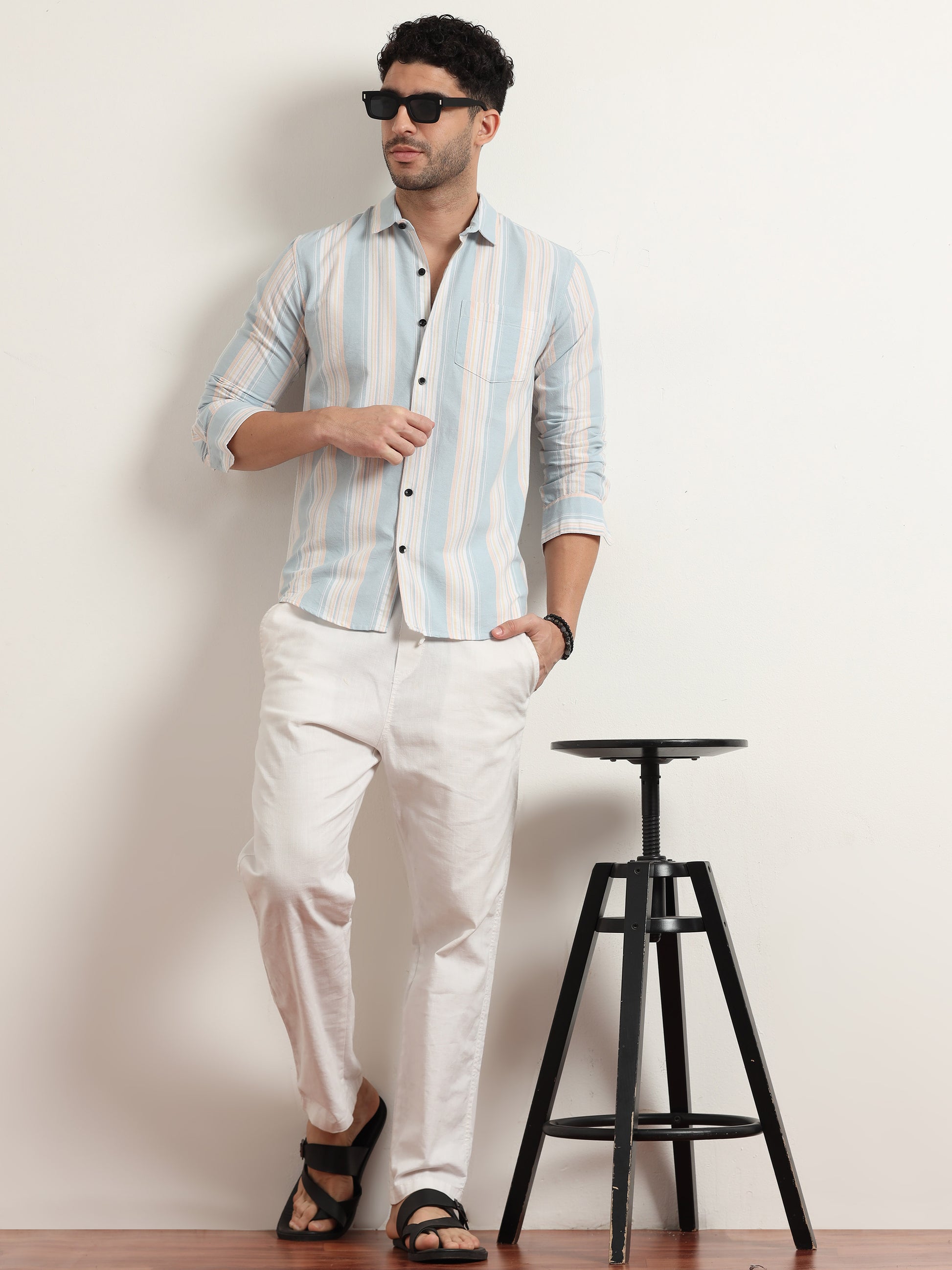 Sky Blue Striped Cotton Shirt For Men