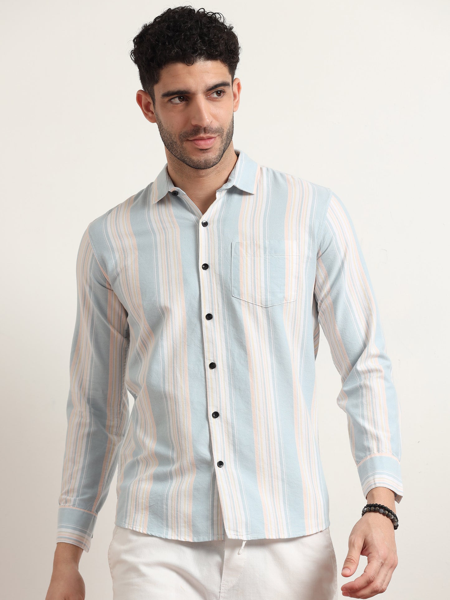 Sky Blue Striped Cotton Shirt For Men