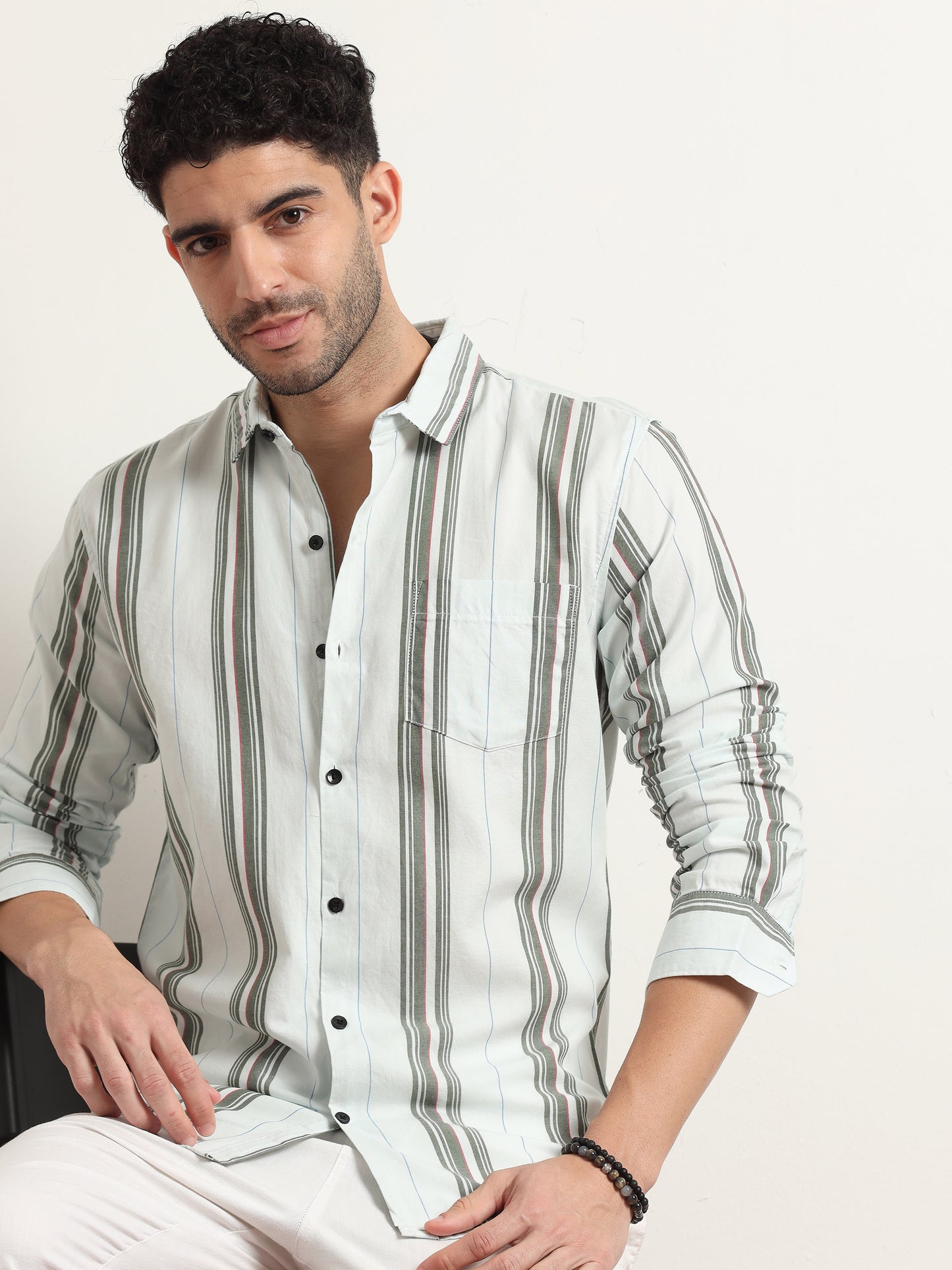 Olive Green And White Striped Shirt For Men 