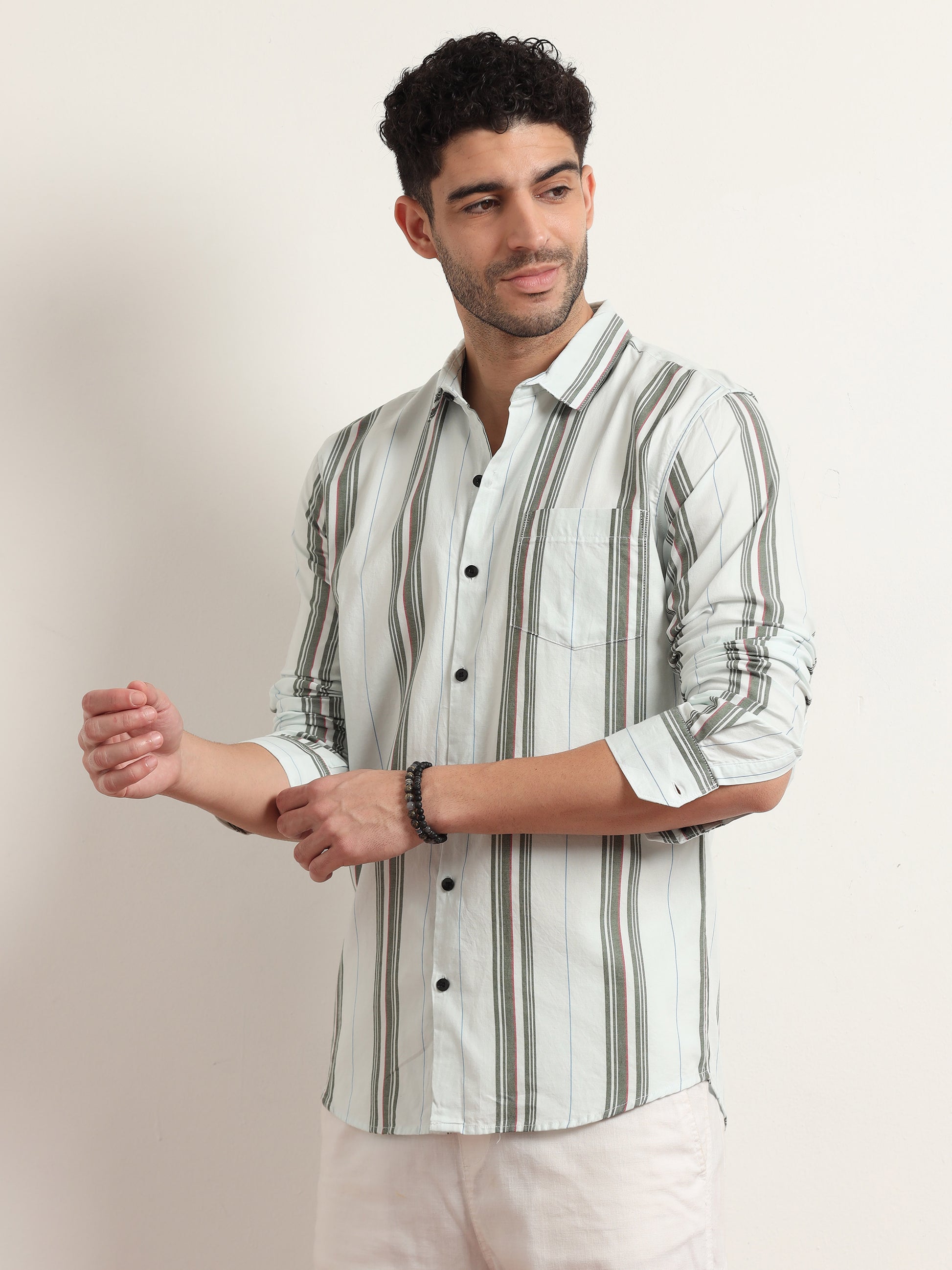 Olive Green And White Striped Shirt For Men 