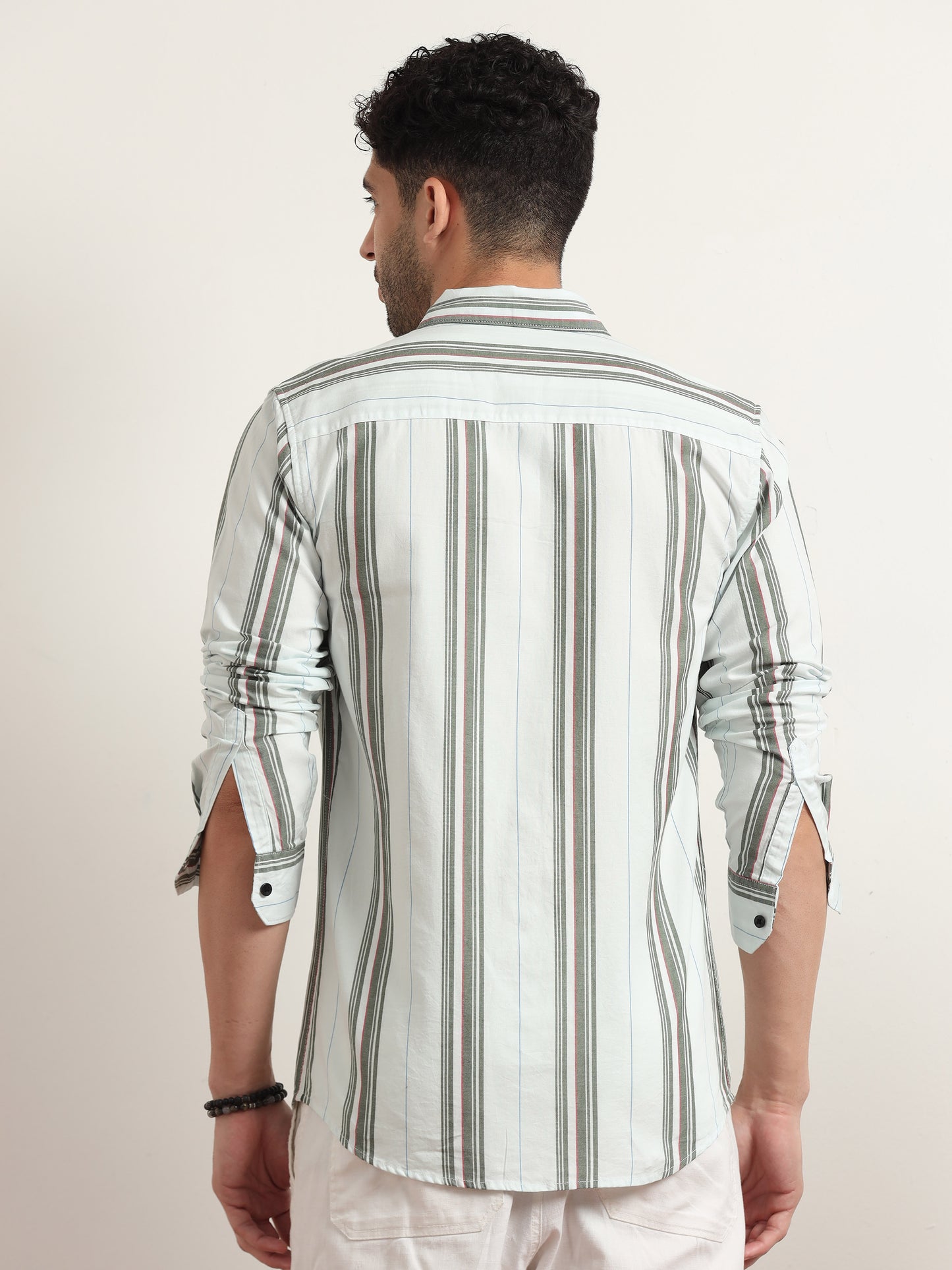 Olive Green And White Striped Shirt For Men 