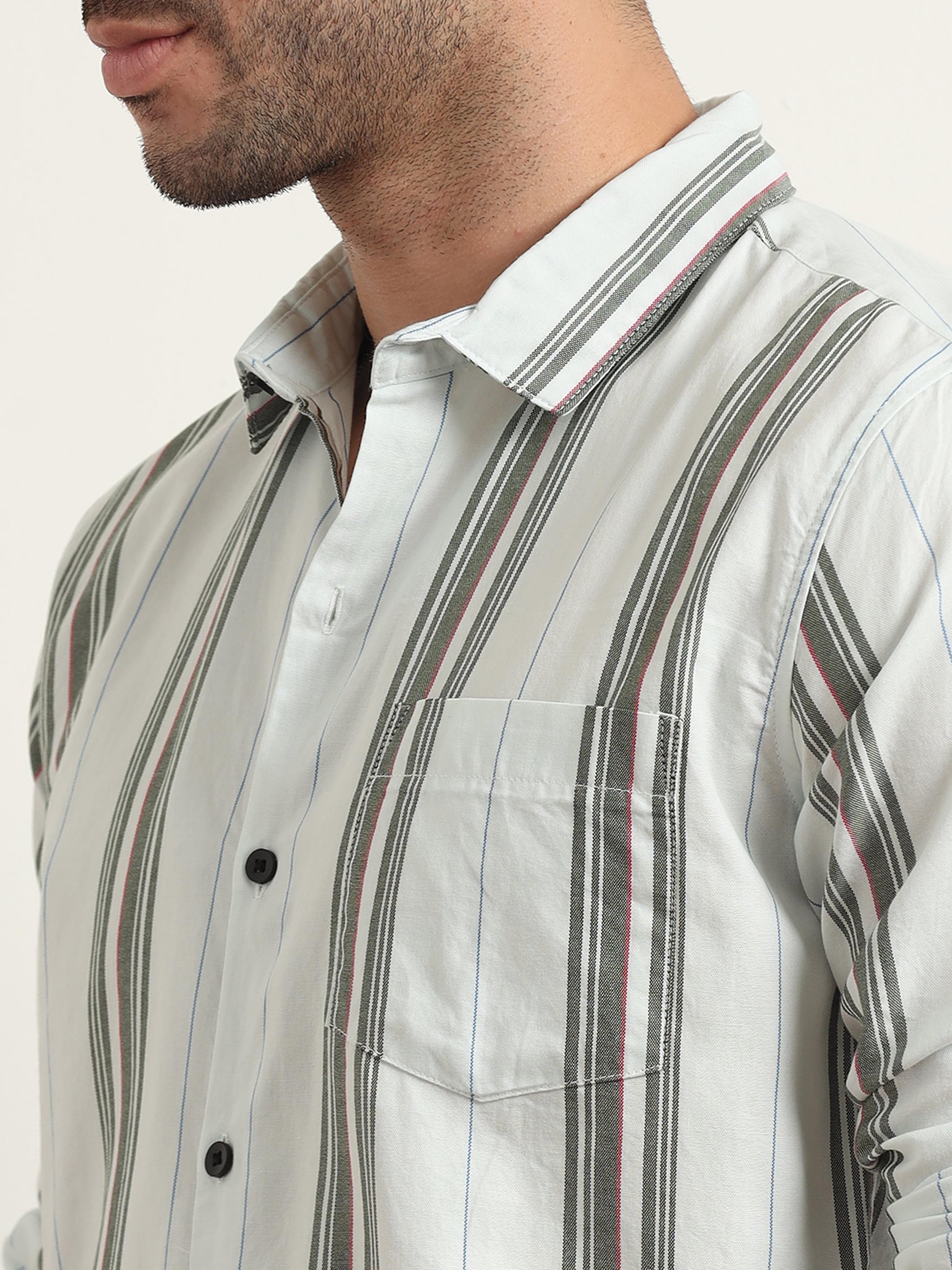 Olive Green And White Striped Shirt For Men 