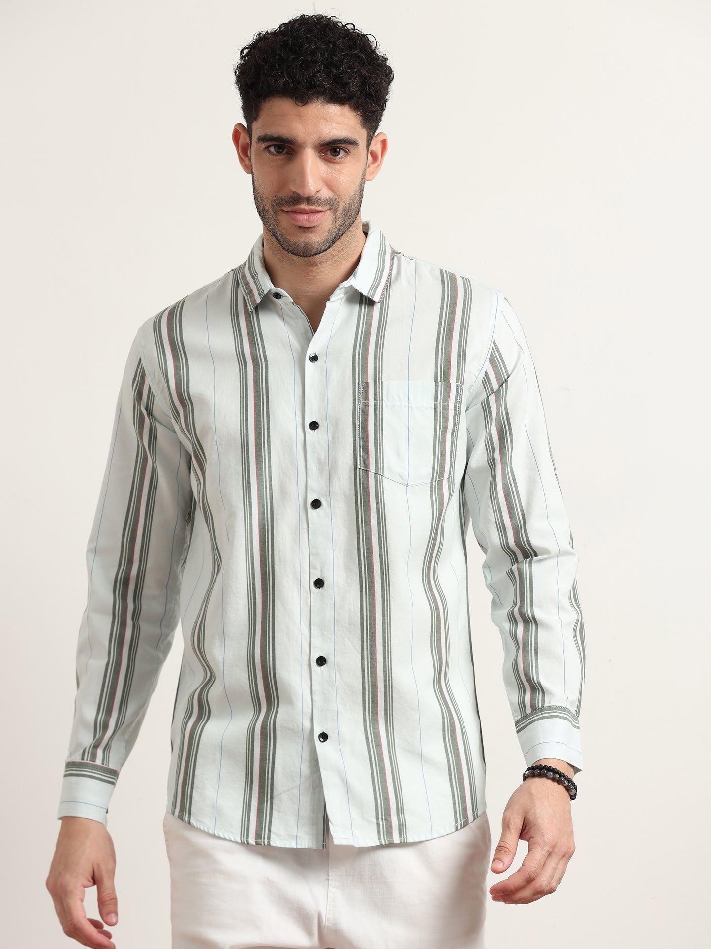 Olive Green And White Striped Shirt For Men 