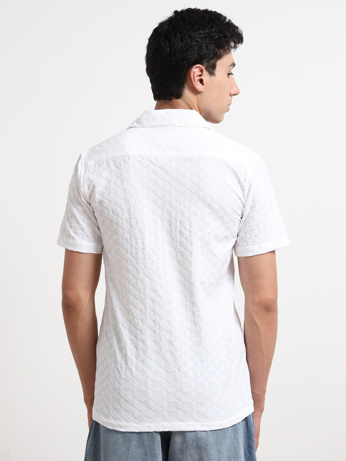 Half Sleeve Mens White Textured Shirt
