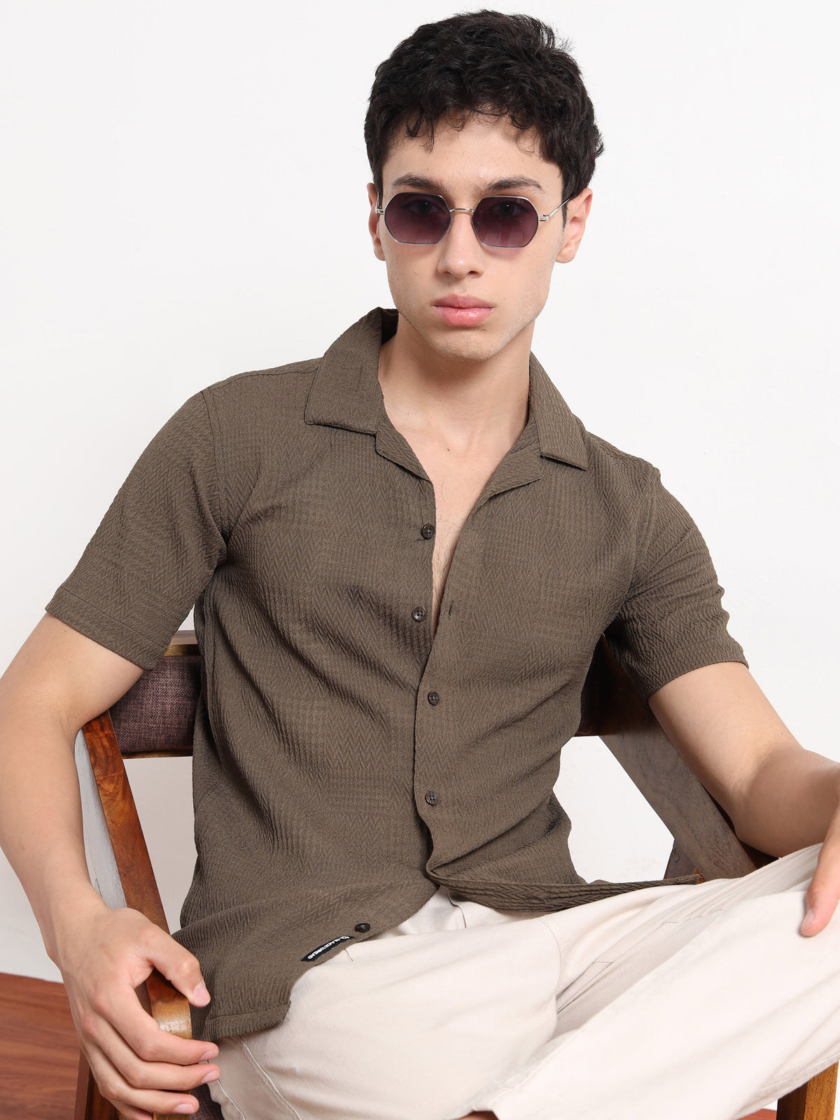 Textured Khaki Short Sleeve Shirt for Men
