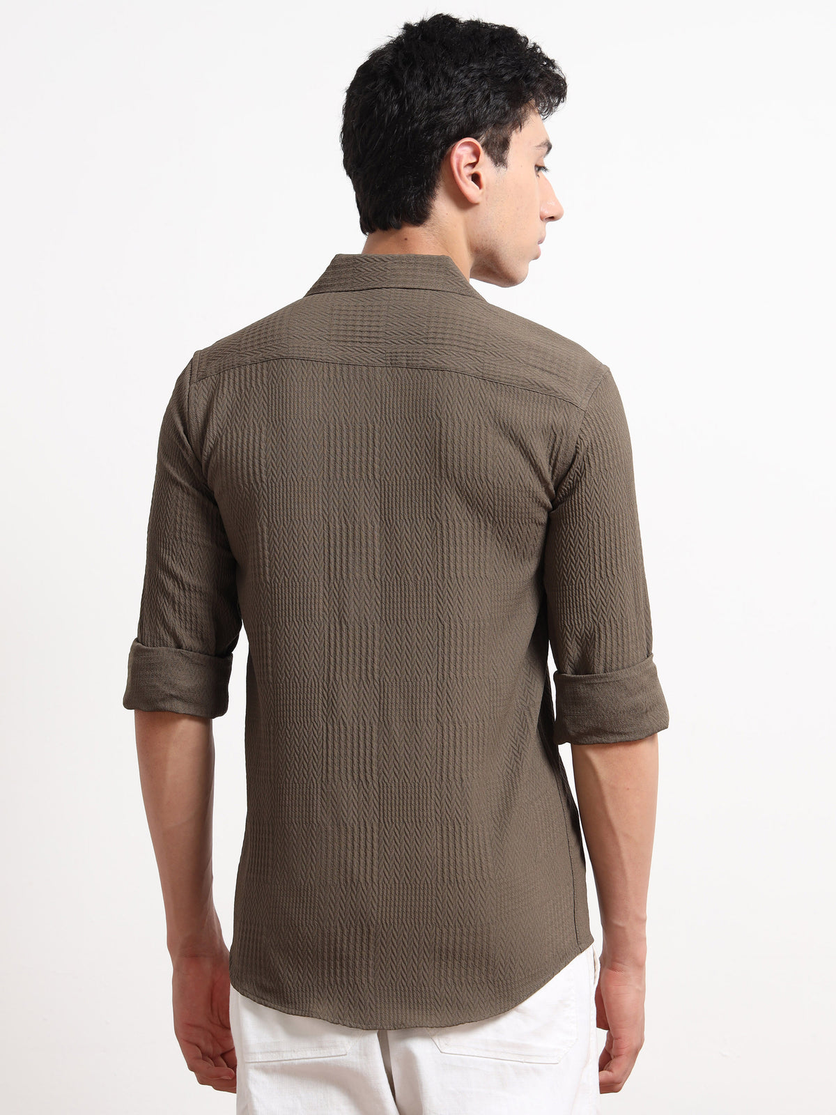 Full Sleeve Textured Mens Khaki Shirt