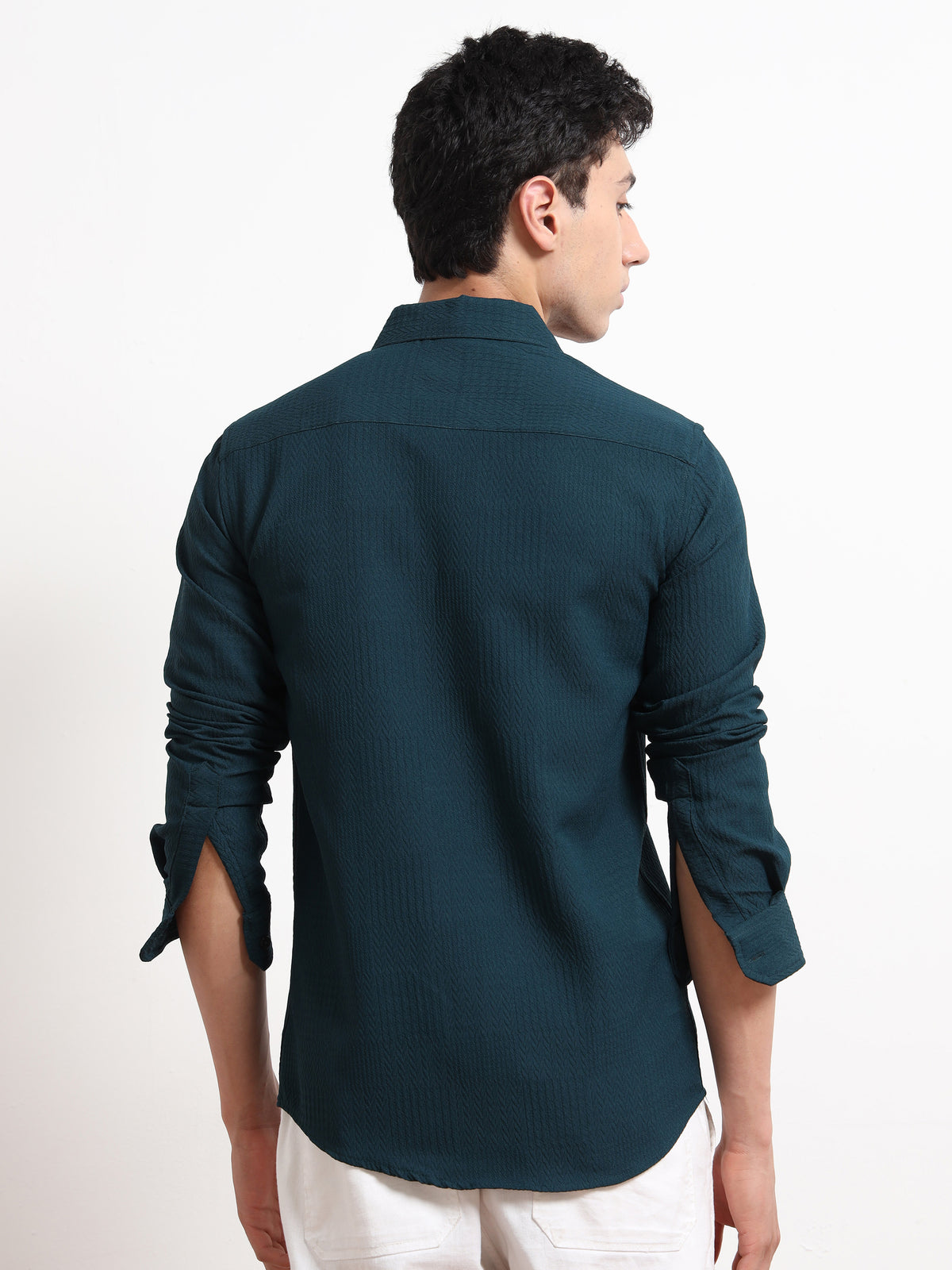 Textured Full Sleeve Mens Teal Shirt