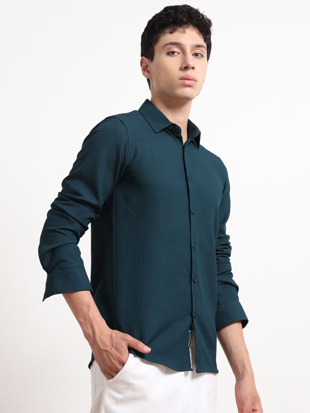Textured Full Sleeve Mens Teal Shirt