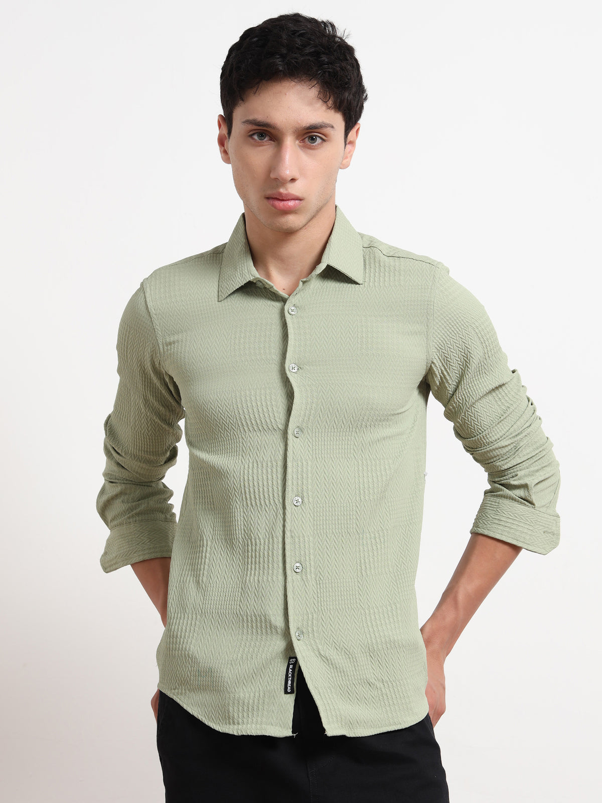 Full Sleeve Textured Mens Olive Green Shirt