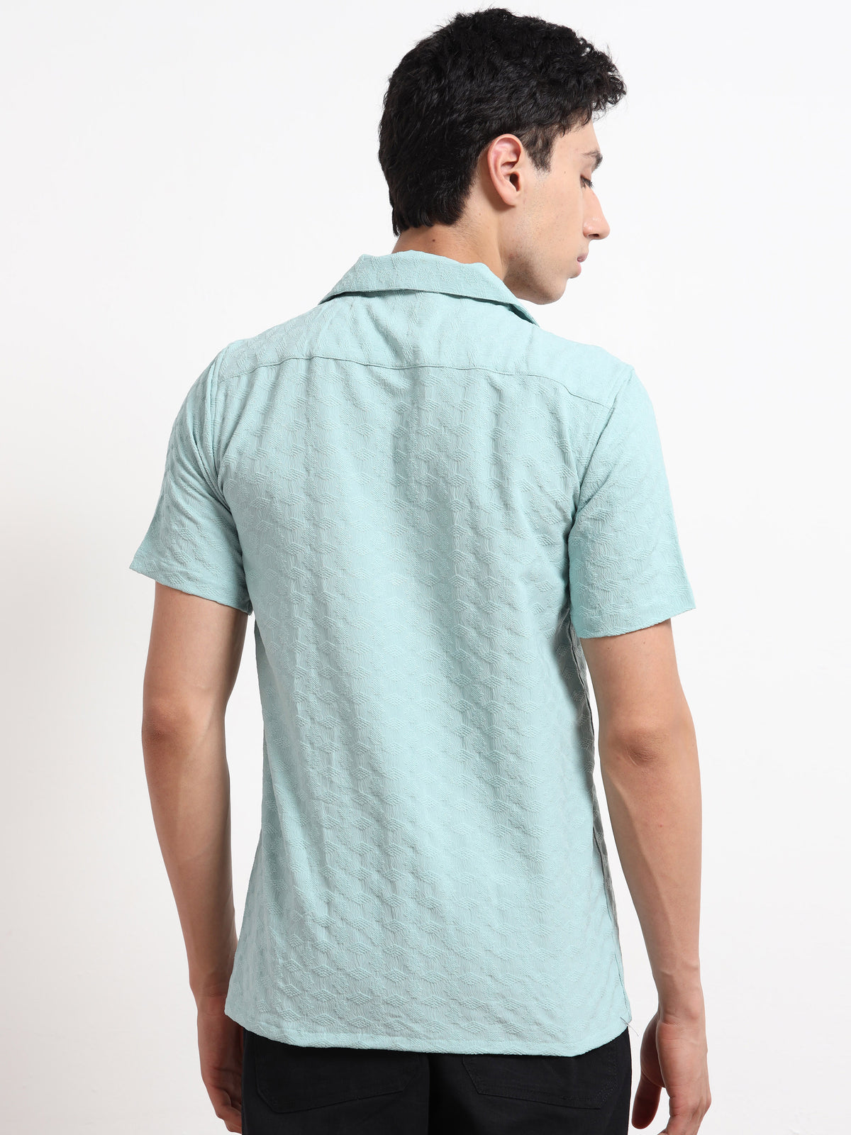 Half Sleeve Textured Mens Light Blue Shirt