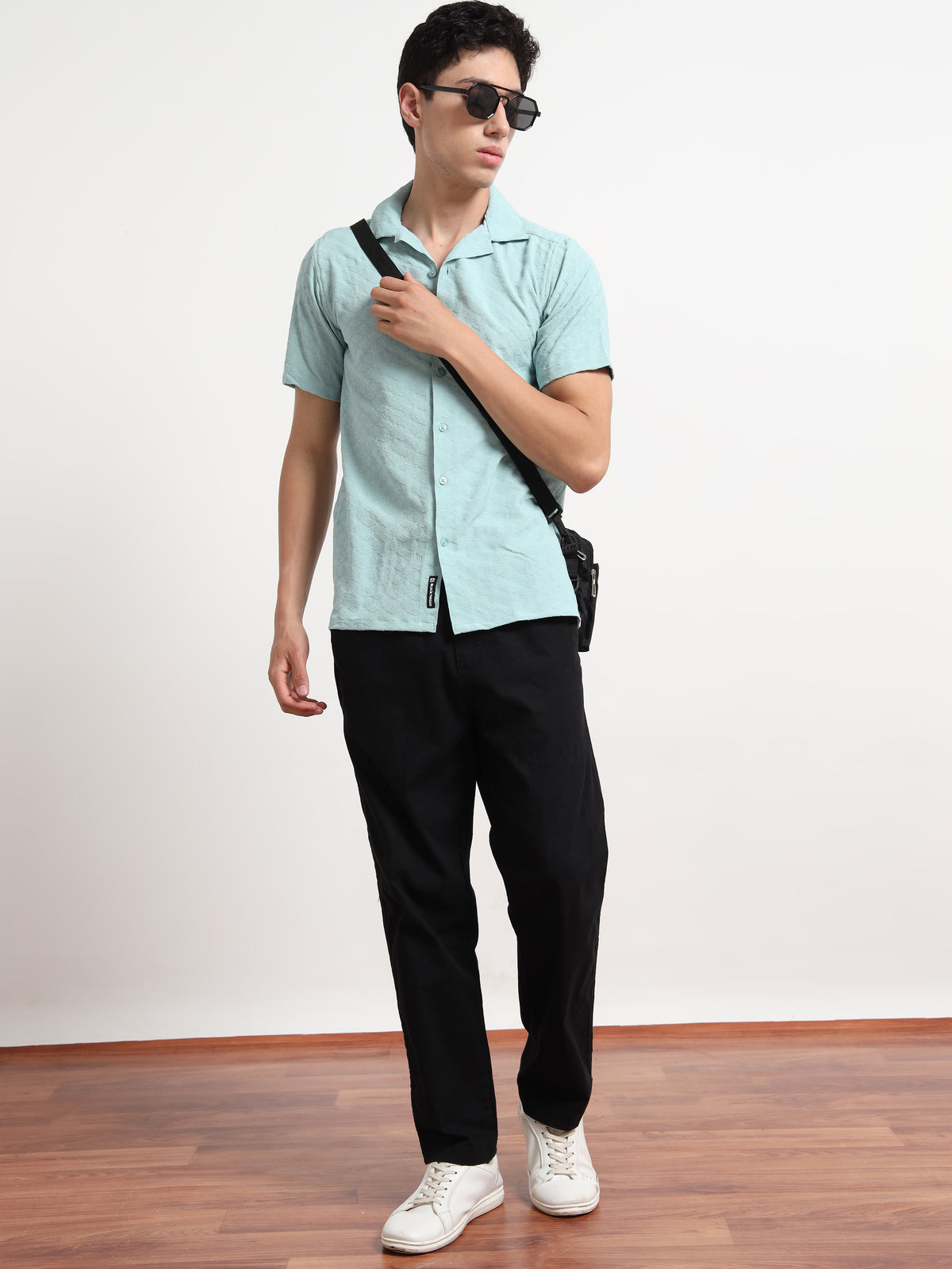 Half Sleeve Textured Mens Light Blue Shirt