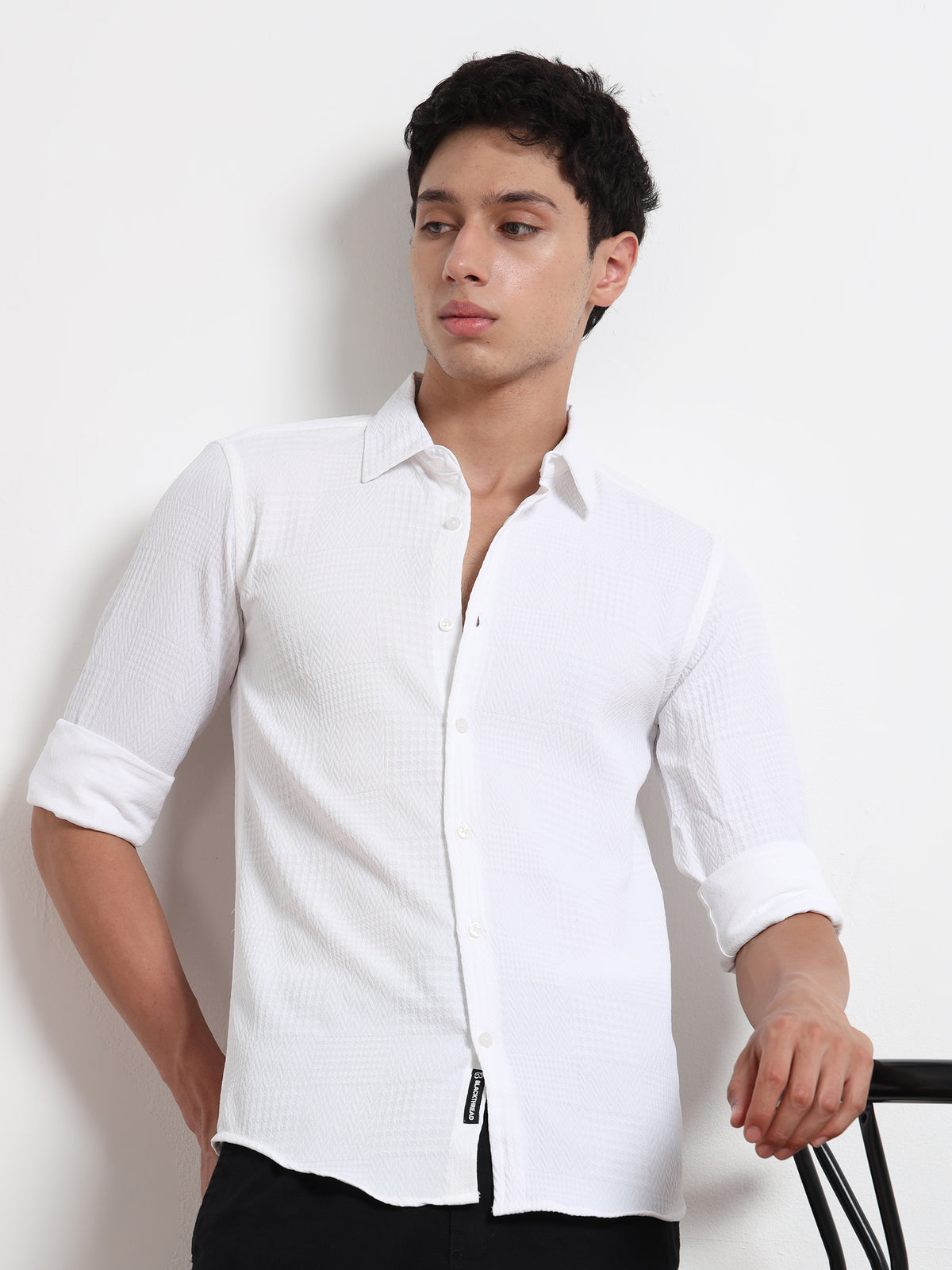 Full Sleeve White Textured Shirt Mens