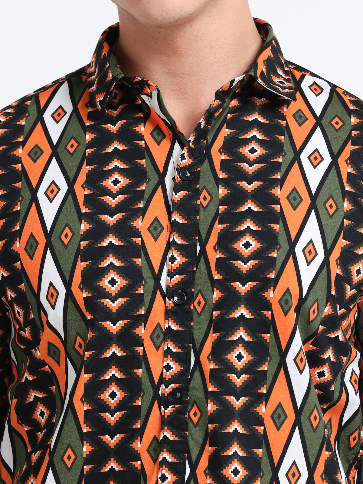 Men’s Olive &amp; Orange Tribal Printed Cotton Shirt