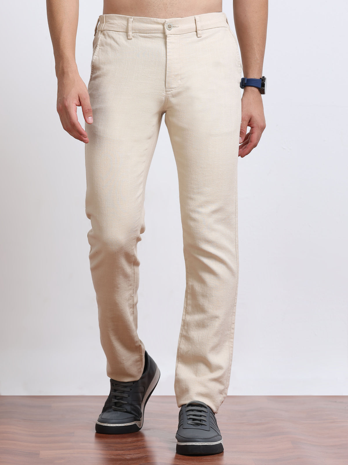 Men’s Linen Light Beige Slim-Fit Casual Trousers– Black Thread