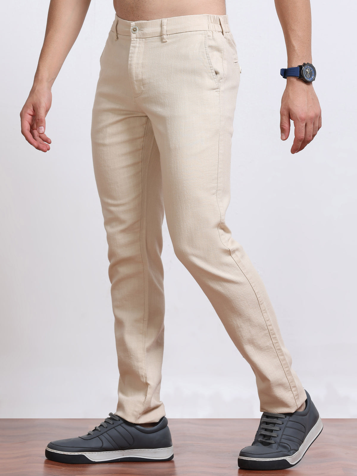 Men’s Linen Light Beige Slim-Fit Casual Trousers– Black Thread