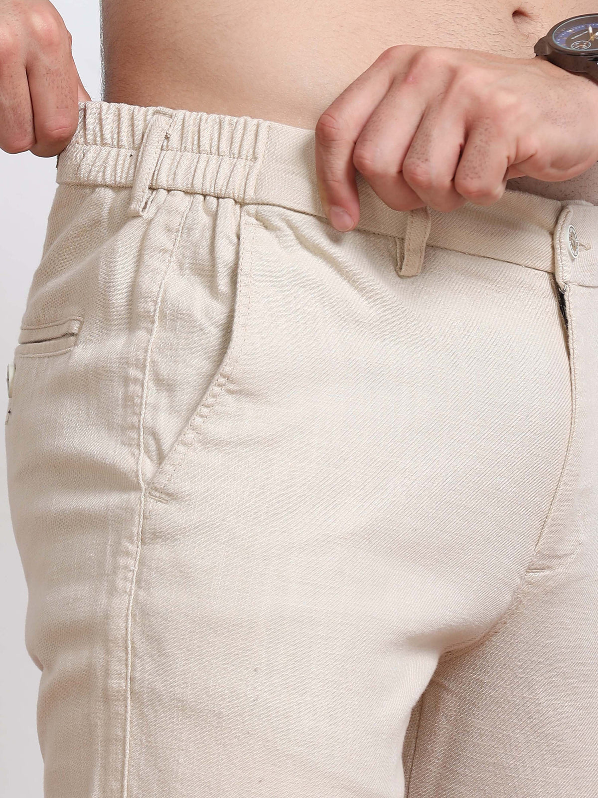 Men’s Linen Light Beige Slim-Fit Casual Trousers– Black Thread